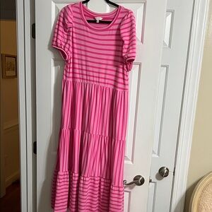 Crown & Ivy Pink Puff Sleeve Striped Maxi Dress with Pockets Large